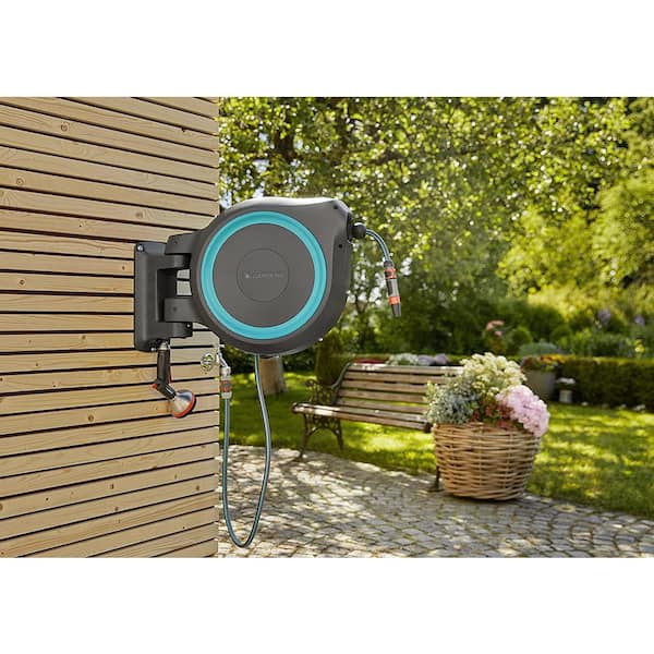 GARDENA 100 ft. Wall Mounted Retractable Hose Reel for Storage with  Automatic Lock and Spring Loaded Hose Retraction 18630-37 - The Home Depot