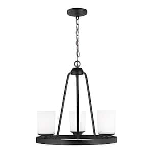 Kemal 3-Light Midnight Black Transitional Wagon Wheel Hanging Chandelier with Etched White Inside Glass Shades