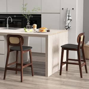 25 in. Brown Low Back Wood Bar Stool Counter Stool with Faux Leather