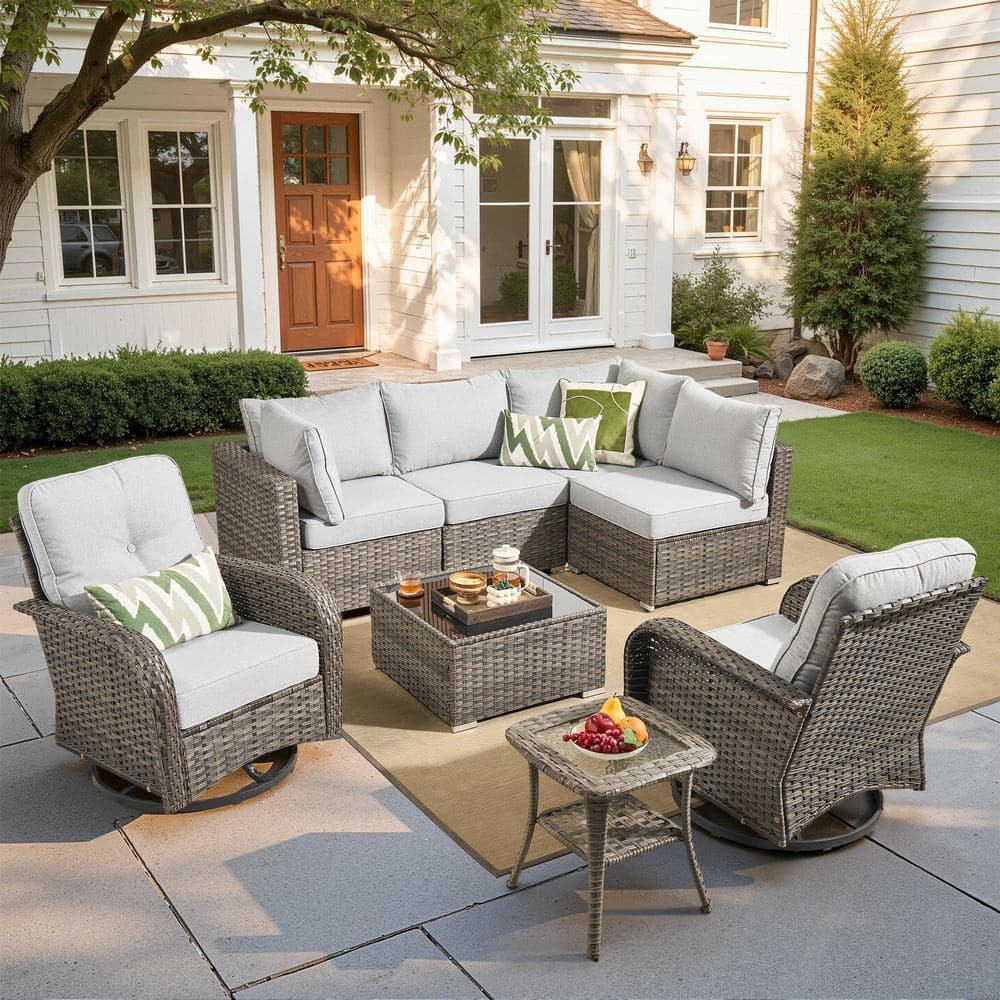XIZZI Osmanthus 8 Pieces Wicker Outdoor Patio and Swivel Rocking Chairs with Gray Cushions