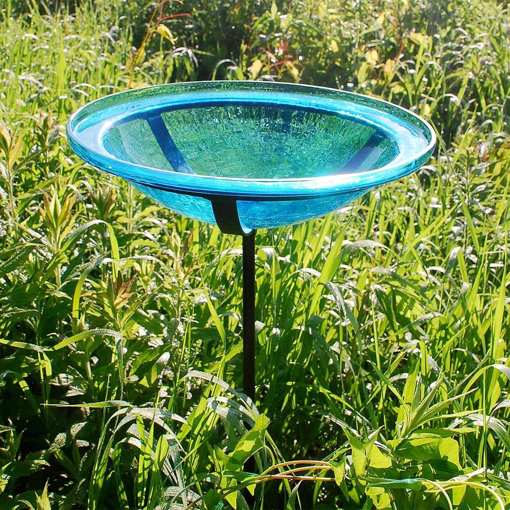 Turquoise Hand Blown Crackle Glass Birdbath with Wrought Iron Stake