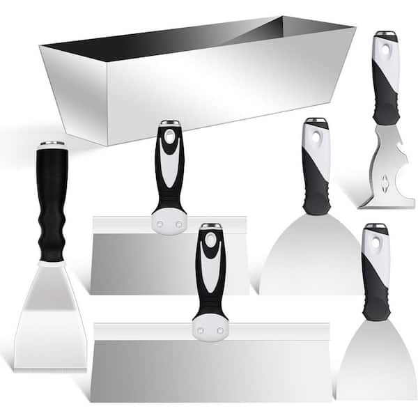 KIWDZFU 12 in. Stainless Steel Drywall Joint Taping Knife Set with Mud Pan and Scraper, 7-Pack