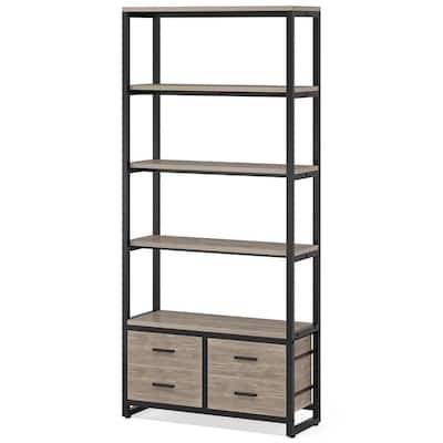 Earlimart 70.9 in Gray Bookcase, 5-Tier Etagere Bookshelf with 4 Drawers, Living Room