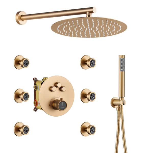 Boyel Living 1-Spray 12 in. Thermostatic Dual Shower Head and Handheld Shower Head 2.5 GPM Wall Mount with Jet Spray in Brushed Gold