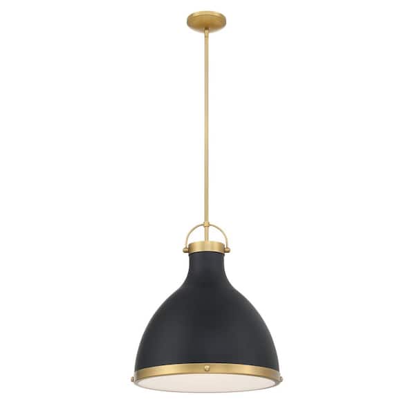 Minka Lavery Lynk 100-Watt 1-Light Dark Matte Black and Legacy Brass Cone Pendant Light with Etched Opal Glass Shade No Bulb Included
