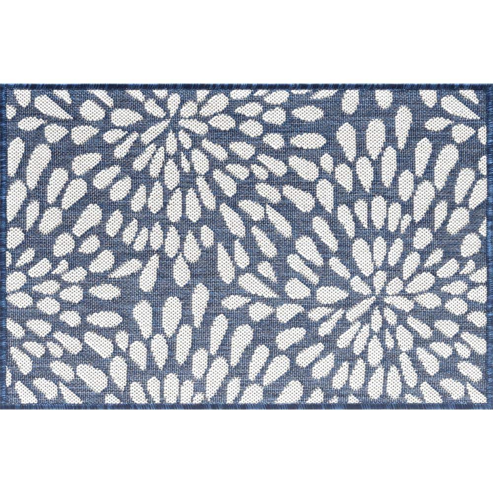 Tayse Rugs Eco Floral Navy 2 ft. x 3 ft. Indoor/Outdoor Area Rug, Blue