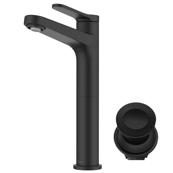 KRAUS Indy Single Handle Vessel Sink Faucet in Matte Black with Pop Up Drain and Supply Lines