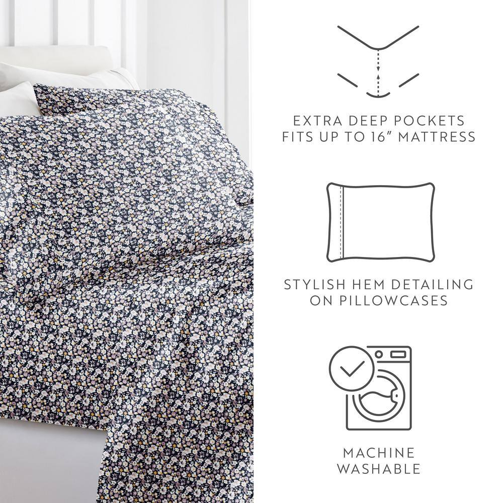 Navy Floral Full Microfiber 3-Piece Sheet Set