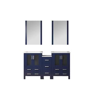 Volez 60 in. W x 18 in. D x 34 in. H Double Sink Bath Vanity in Navy Blue with White Ceramic Top and Mirror