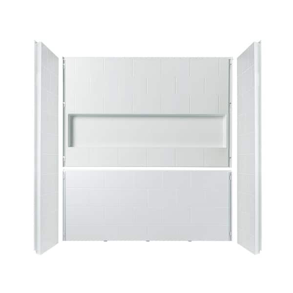 32 in. x 60 in. x 64 in. 4-Piece Easy Glue Up Alcove Tub Surrounds with Built-In Shelves in High Gloss White