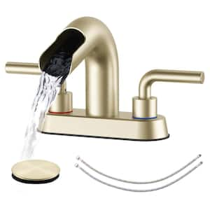 4 in. Bathroom Faucet Double Handle 3 Hole Waterfall Bathroom Sink Faucet with Pop-Up Drain in Brushed Gold