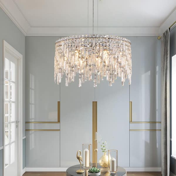 9-Lights Crystal Chandelier Hanging Pendant Light with 78 in Chain for Dining Room, E12, No Bulbs Included, Silver