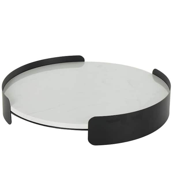 Litton Lane White Marble Round Decorative Tray with Black Metal Frame