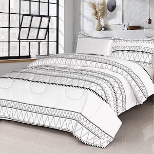 3-Piece All Season Striped Ultra Soft White 100% Microfiber Polyester Full Size Comforter Set with 2 Pillow Shams