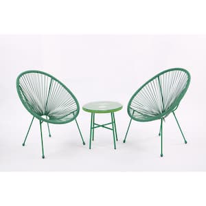 3 Piece Green Patio Metal Outdoor Bistro Conversation Set with Side Table, Flexible Rope Furniture Outdoor with Table