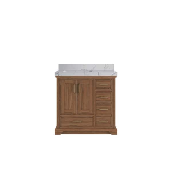 Willow Collections Charlotte Teak 36 in. W x 22 in. D x 36 in. H Left Offset Sink Bath Vanity in Dark Natural with 2" Venatino Quartz Top