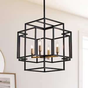 4-Light Lantern Tiered Pendant Light Fixture Industrial Hanging Chandelier for Foyer Living Room Kitchen, Black and Gold