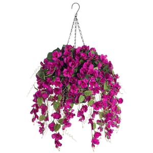 20 '' Artificial Faux Hanging Flowers Plants Baskets for Outdoor Outside, Fake Purple Silk Long Orchid