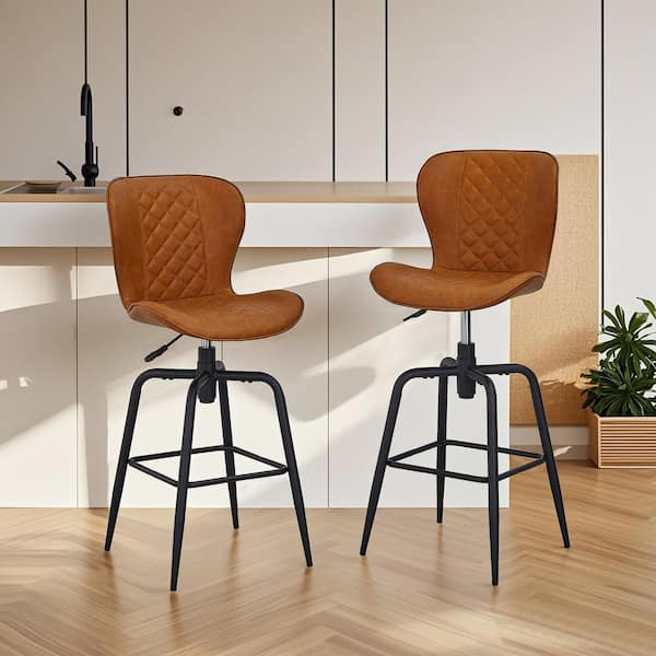 VECELO 28.5 in. Swivel Bar Stools, Hight Adjustable Metal Counter Stools with Back, Brown Faux Leather Barstools (Set of 2)