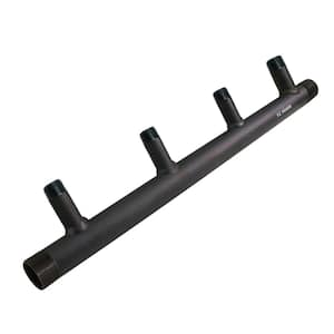 Black Steel Manifold for Boiler Room Heating, 1-1/4 in. Base 3-Ports of 3/4 in. and 1-Port of 1 in. 7 in. Spacing