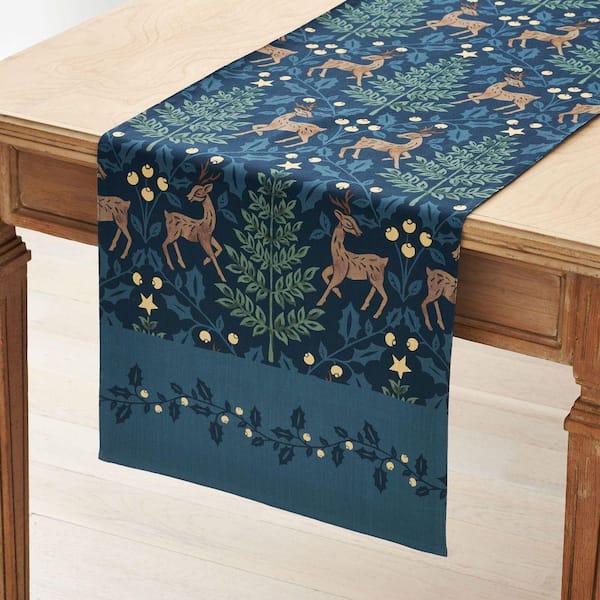 Company Cotton Reindeer 16 in. W x 108 in. L Blue Seasonal Cotton Table Runner
