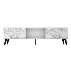 Saratoga 71 in. White and Marble Stamp Particle Board TV Stand Fits TVs Up to 75 in. with Storage Doors