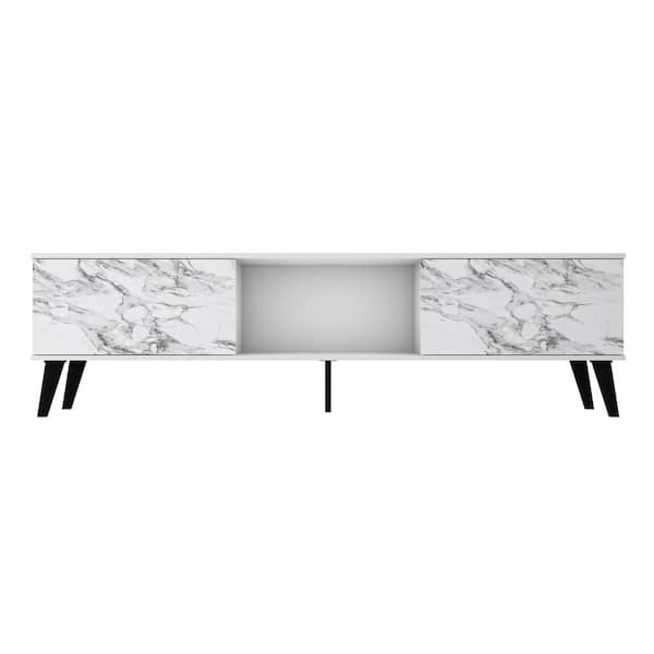 Saratoga 70.87 in. White and Marble Stamp TV Stand Fits TVs Up to 75 in. with Storage Doors and Cable Management