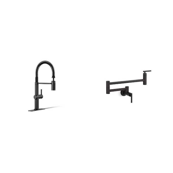 Matte Black Pull Down Sprayer Kitchen Faucet and Wall Mount Pot Filler Combo