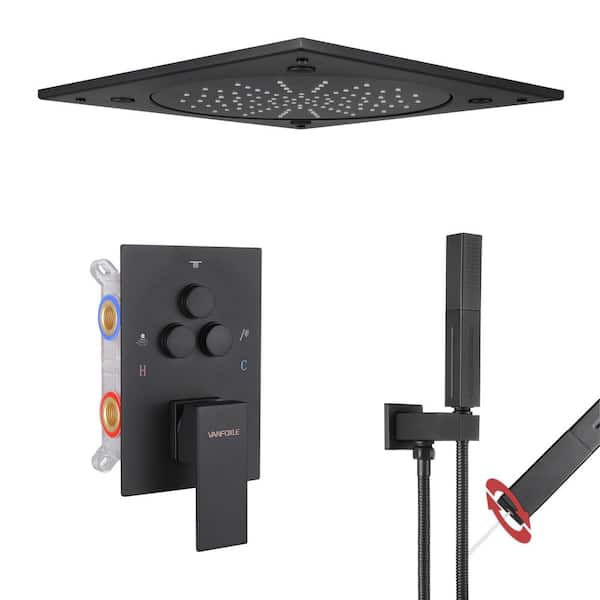 Single Handle 5-Spray Shower Faucet 1.8 GPM 16 in. Square Ceiling Mounted with Pressure Balance in. Matte Black