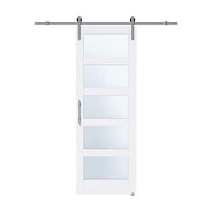 30 in. x 84 in. 5 Lite Frosted Glass White Finished MDF Sliding Barn Door with Hardware Kit Nickel-Plated and Soft Close