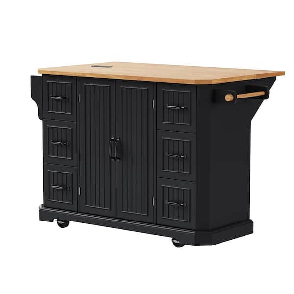 Tatahance Black Wood 55.5 in. Rolling Kitchen Island with Rubber Wood Veneer Drop Leaf and 6 Deep Drawers