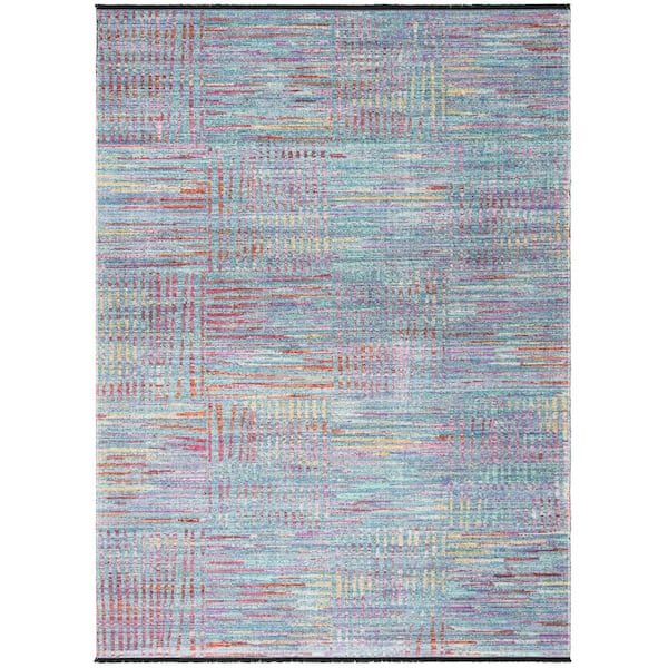 Windsor 9 ft. x 13 ft. Aqua/Dark Pink Distressed Striped Area Rug
