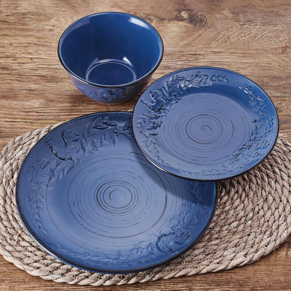 Trellis Blue Ceramic Rooster 12-Piece Dinnerware Set
