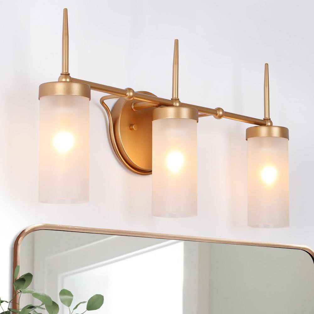 Zevni 22 in. 3-Light Transitional Dark Gold Bathroom Vanity Light, Modern Powder Room Bath Lighting, Frosted Glass Wall Sconce