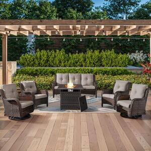 ArcoBay 6-Piece Brown Wicker Patio Square Fire Pit Conversation Set with Beige Cushions and Swivel Rocking Chairs