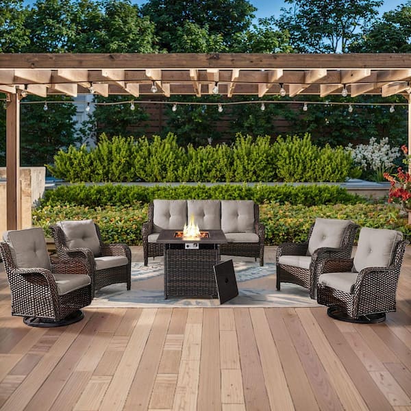 ArcoBay 6-Piece Brown Wicker Patio Square Fire Pit Conversation Set with Beige Cushions and Swivel Rocking Chairs