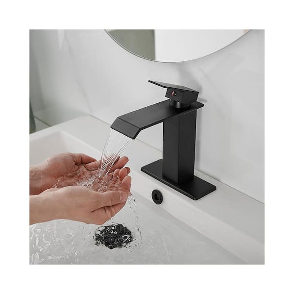 Single Handle Single Hole Bathroom Faucet with Deckplate Included and Spot Resistant with Drain in Matte Black