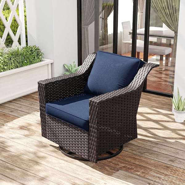 Wicker Outdoor Rocking Chair Patio Swivel Chair with Blue Cushion