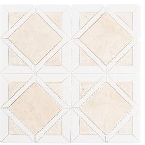 Maquette Maya White/Tan 12 5/8 in. x 12 5/8 in. Diamond Pattern Matte Natural Stone Mosaic Wall Tile (5.05 sq. ft./Case)