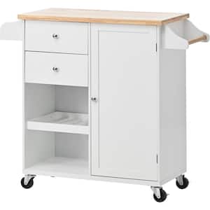 White Wood 41.3 in. Kitchen Island with Spice Rack, Towel Rack and Two Drawers