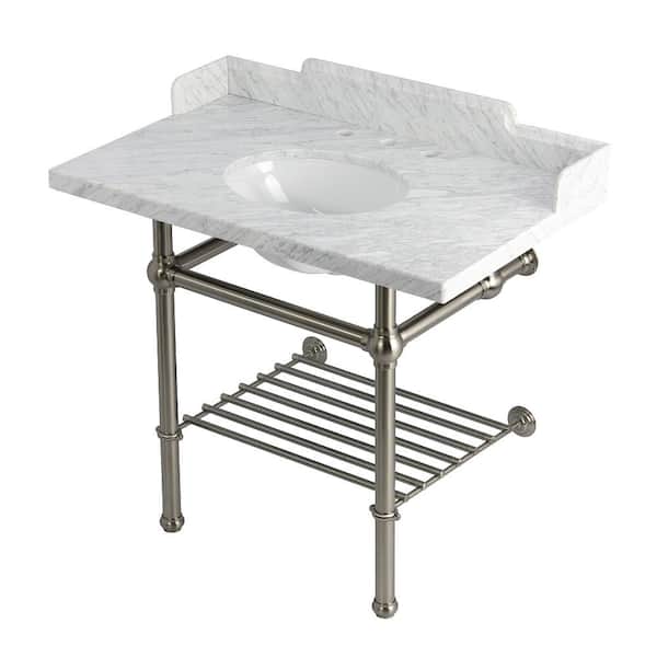 Kingston Brass Pemberton 36 in. Marble Console Sink with Brass Legs in Marble White/Brushed Nickel