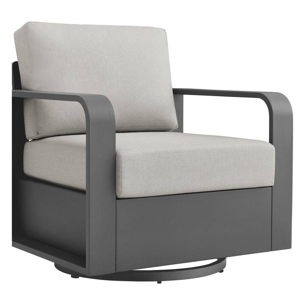 Light gray swivel patio lounge chair with dark gray aluminum frame