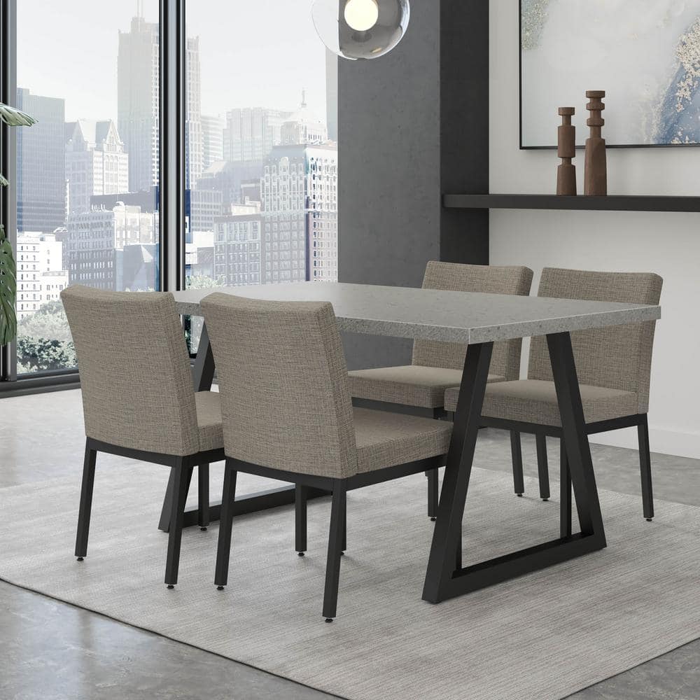 Beige & Black Tweed Fabric Dining Chair with Black Metal Frame, Set of 2