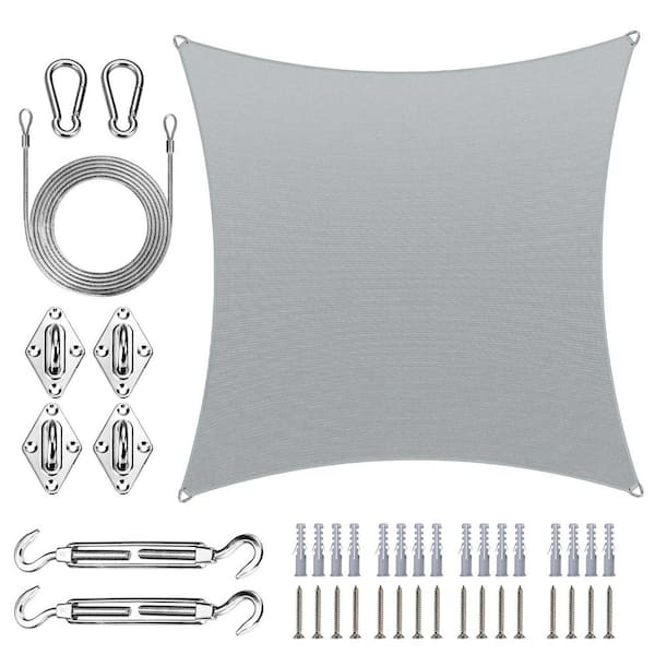 COLOURTREE 16 ft. x 16 ft. Square Pro Ring Sun Shade Sail with Hardware Kit and Rope-Grey