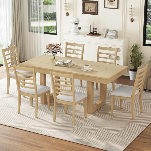 Caelin Modern 7-Piece Rectangle MDF Top Extendable Dining Table Set with Upholstered Chairs, Natural + Beige, 6 Seats