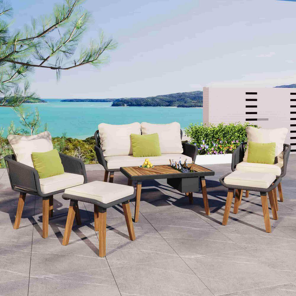 6-Piece Acacia Wood Cool Table Bar Outdoor Serving Bar Set with Beige Neutr