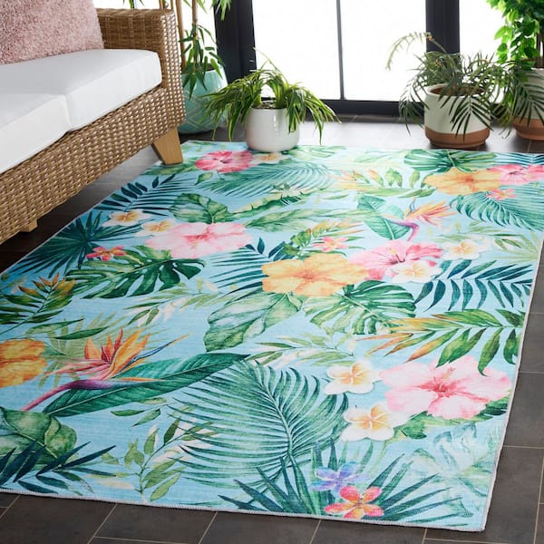 Malibu Aqua/Pink 5 ft. x 8 ft. Machine Washable Oversized Floral Leaves Area Rug