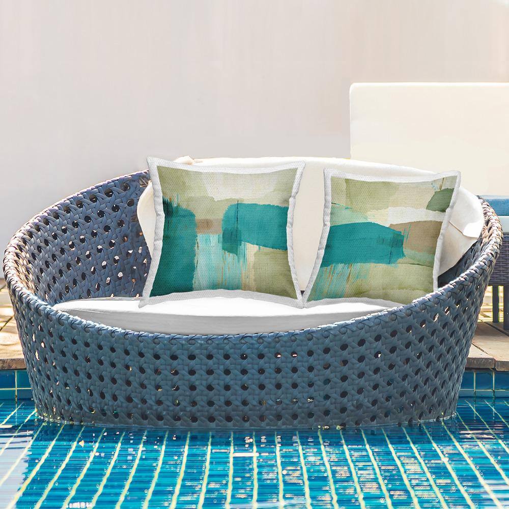 Teal and Beige Abstract Square Outdoor Throw Pillow Set
