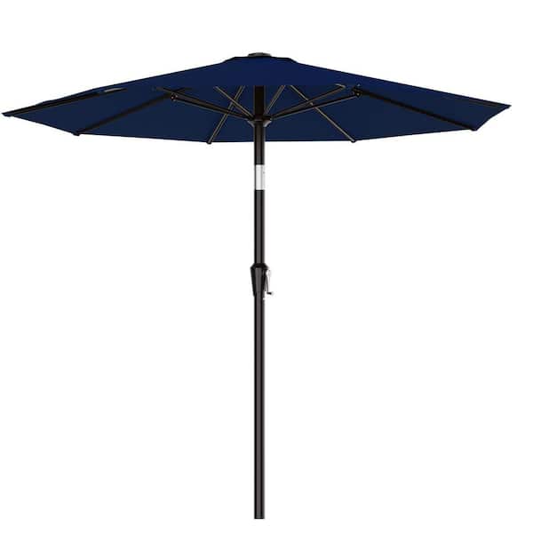 commercial steel patio umbrellas Hcman 9 ft. Alloy Steel Patio Umbrella in Navy with Push Button Tilt, Crank and 8 Sturdy Ribs for Garden, Backyard, Pool