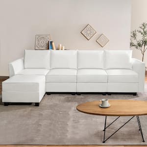56.1 in. Faux Leather Modern 4-Seater Upholstered Sectional Sofa Bed with Ottoman in. Bright White
